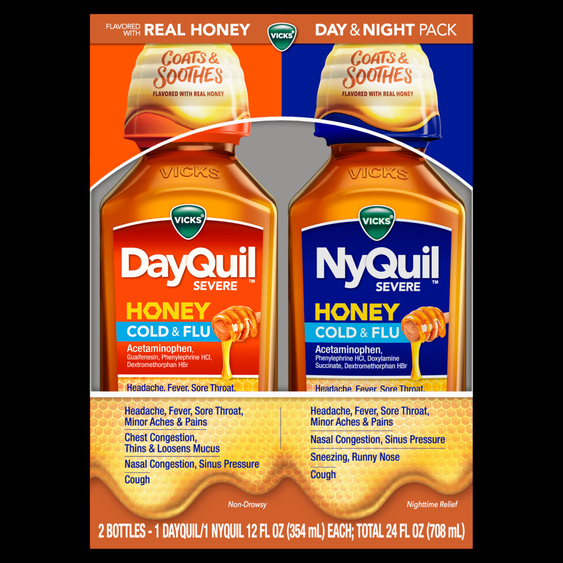 Vicks DayQuil & NyQuil SEVERE Honey  Cold & Flu Medicine Max Strength Relief Combo Pack - 12oz/3pk