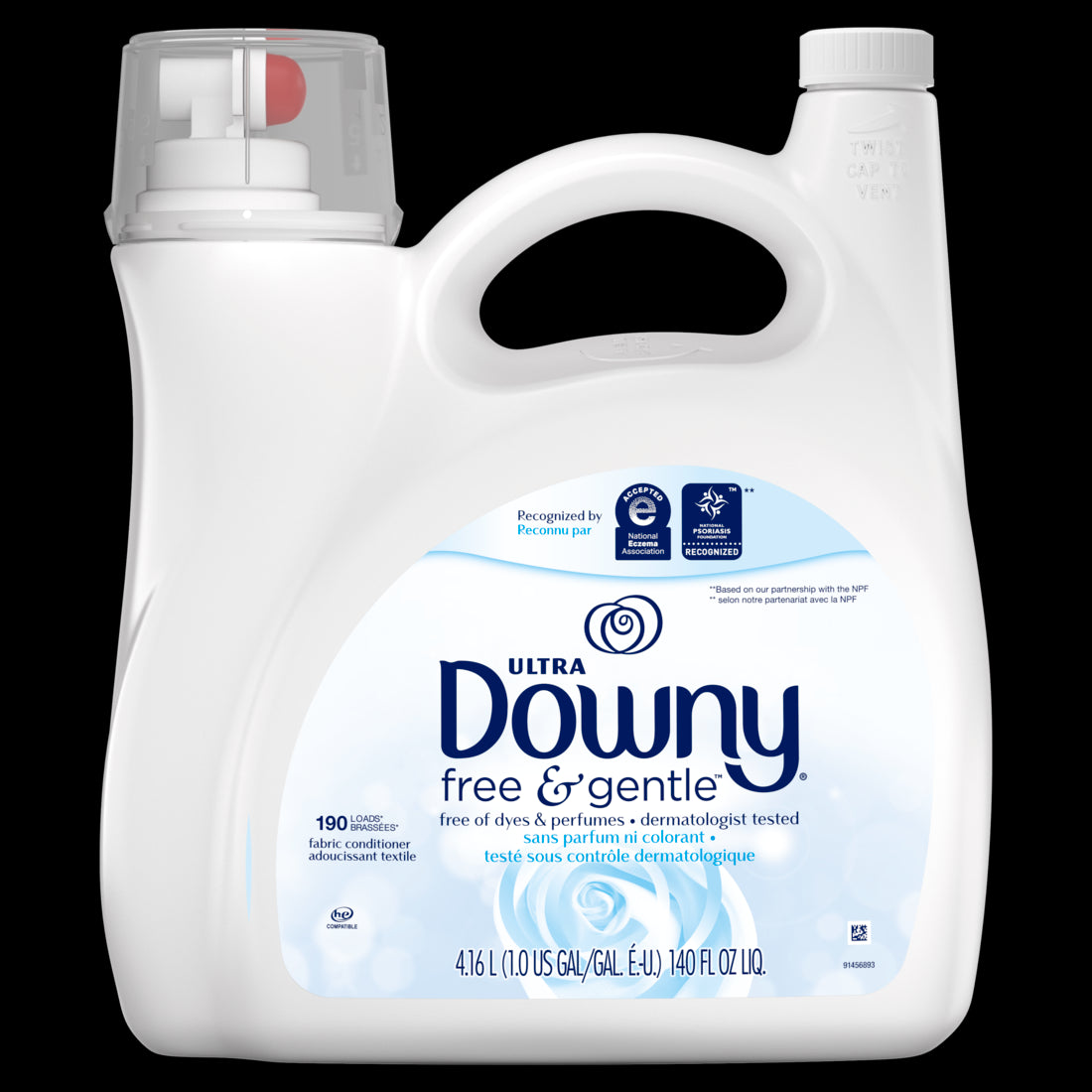 Downy Ultra Free & Gentle Hypoallergenic Laundry Liquid Fabric Softener 190 Loads - 140oz/4pk