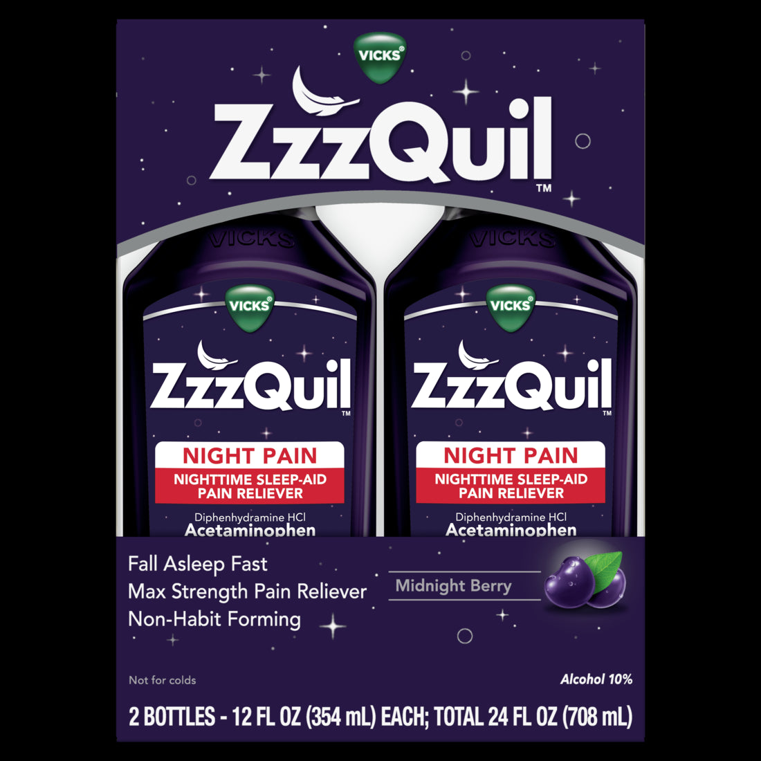 Vicks ZzzQuil Night Pain Liquid, Nighttime Sleep-Aid Pain Reliever Midnight Berry Flavored 12OZ/2ct/3pk