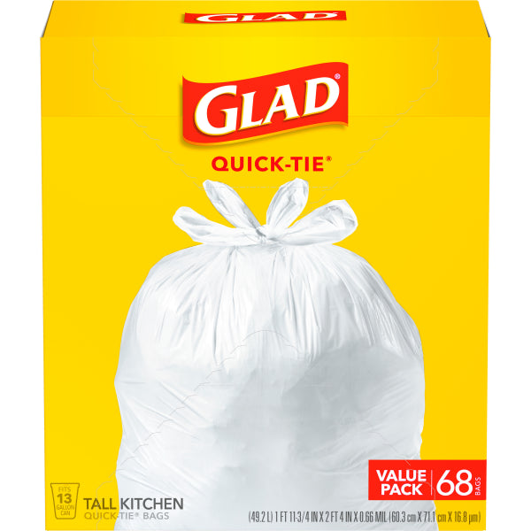 Glad Tall Kitchen Quick-Tie 13gal White Trash Bag - 68ct/4pk