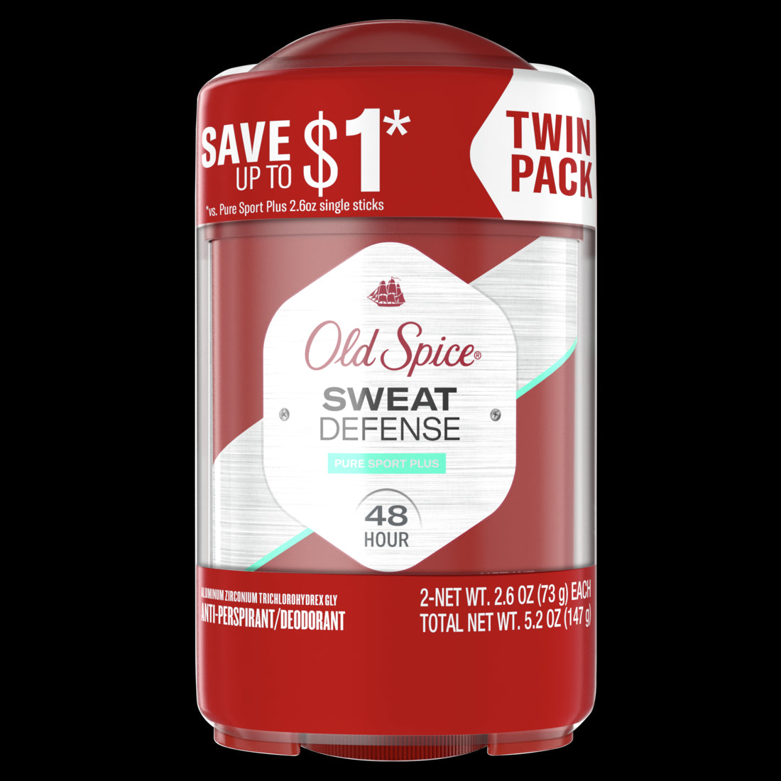 Old Spice Men's Antiperspirant & Deodorant Sweat Defense Pure Sport Plus Soft Solid, 2.6oz, Pack of Two