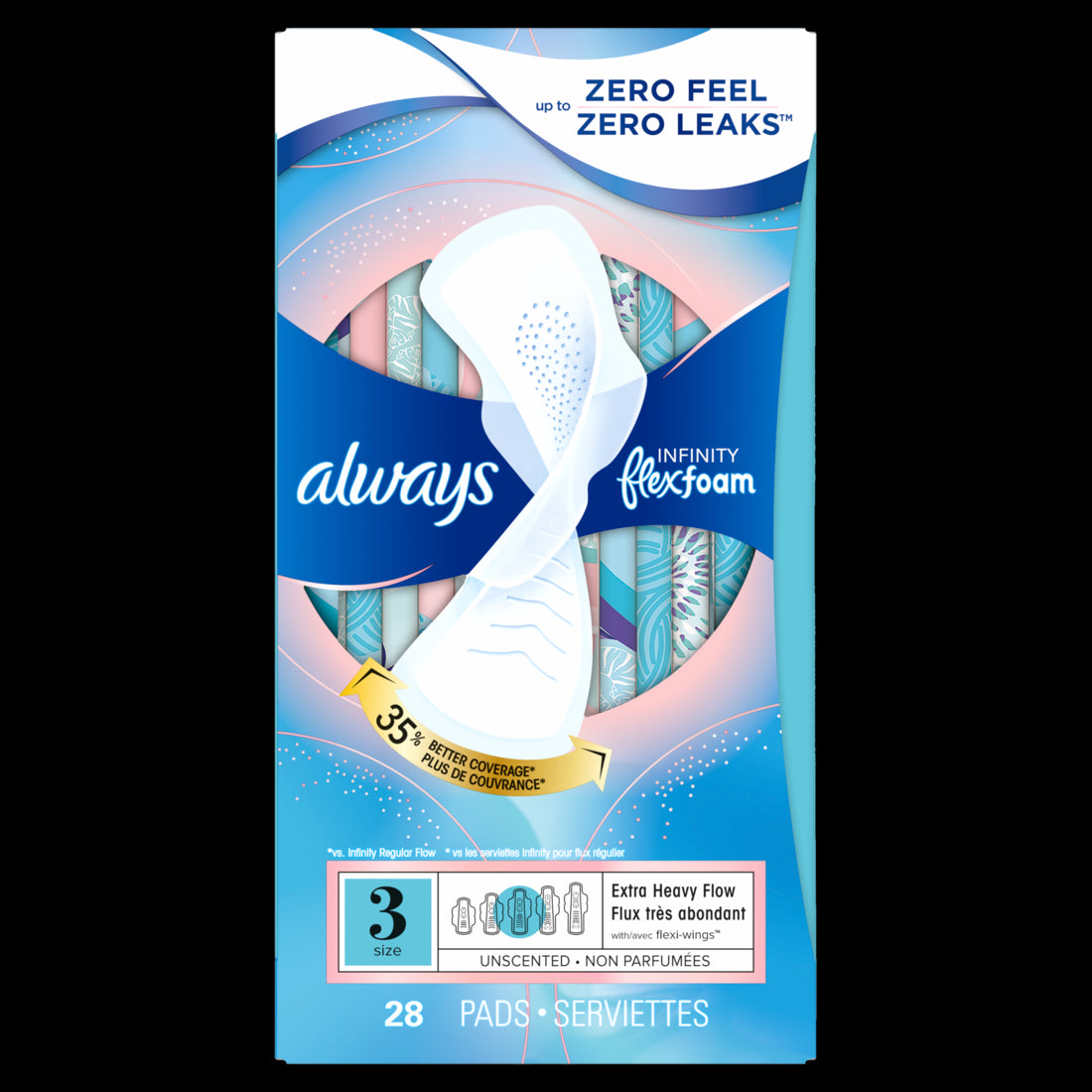 Always Infinity Feminine Pads for Women, Size 3 Extra Heavy Flow with wings Unscented - 28ct/3pk