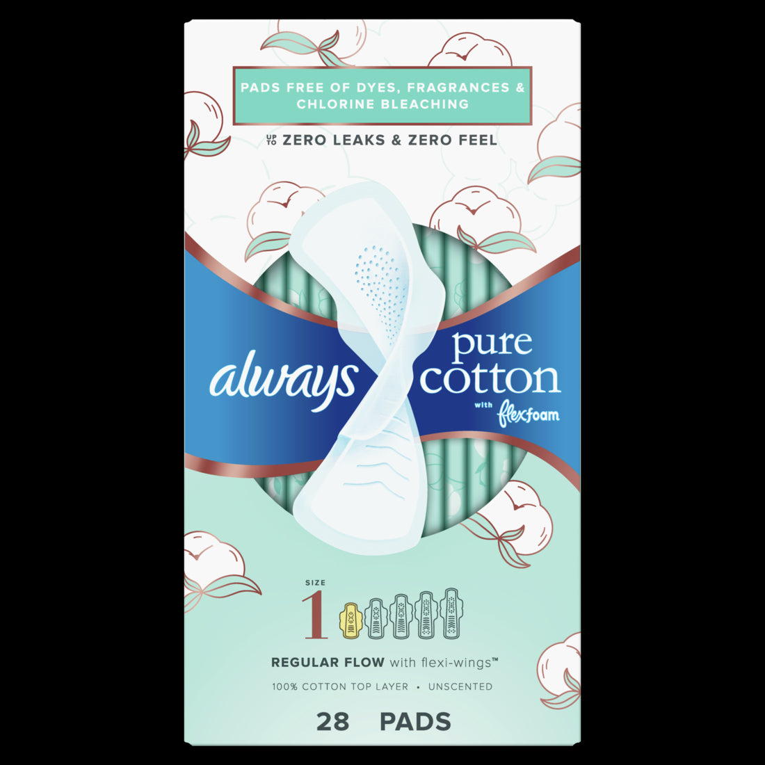 Always Pure Cotton Feminine Pads for Women Size 1 Regular with wings Unscented - 28ct/3pk
