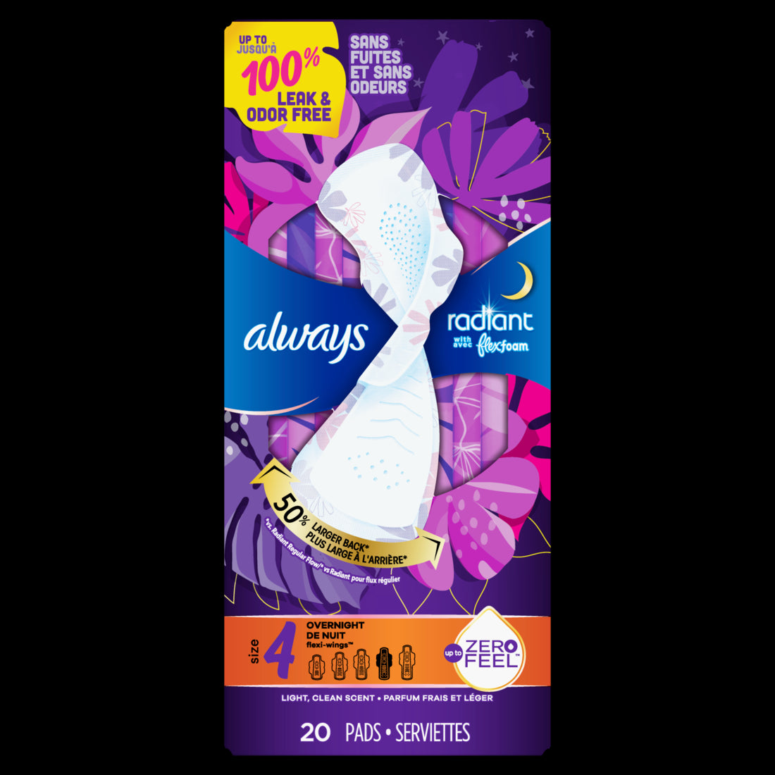 Always Radiant Overnight Feminine Pads for Women Size 4 for Nighttime with Wings Scented - 20ct/3pk