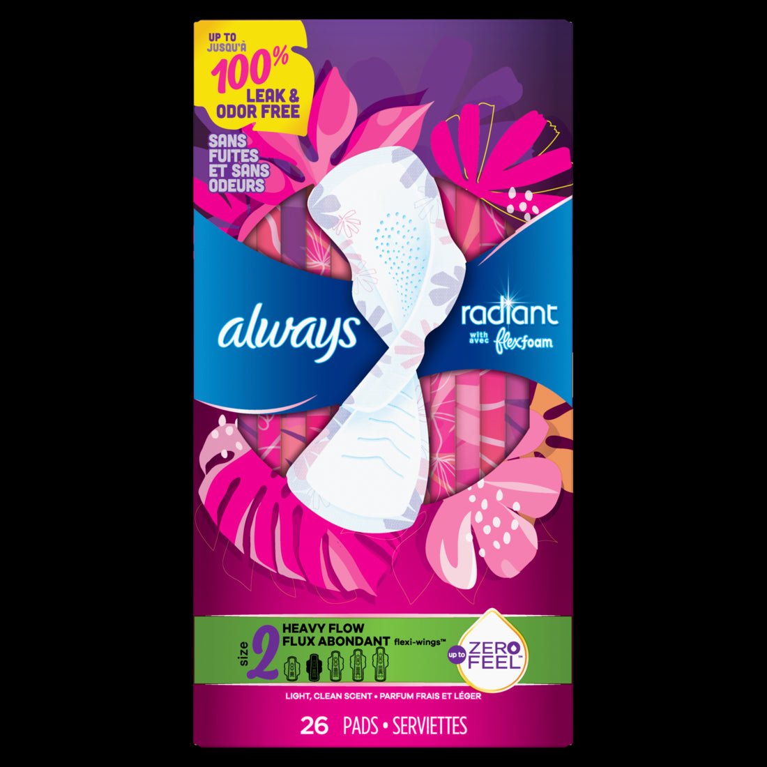 Always Radiant Feminine Pads for Women Size 2 Heavy with Wings Scented - 26ct/6pk