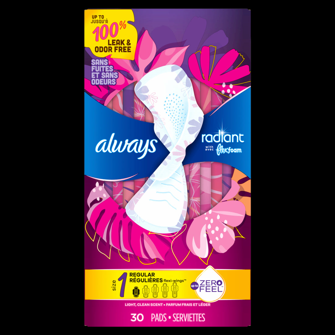 Always Radiant Feminine Pads for Women Size 1 Regular with Wings Scented - 30ct/6pk
