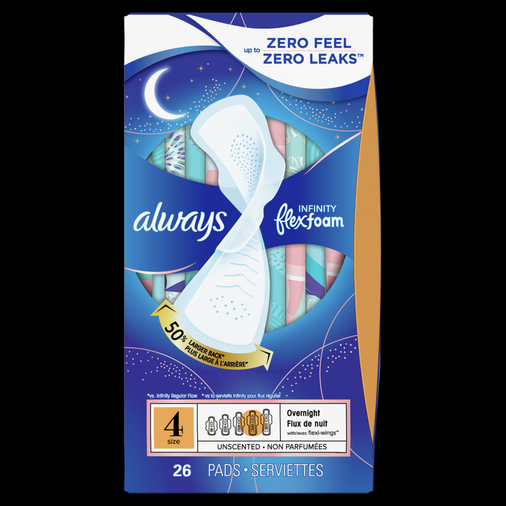 Always Infinity Feminine Pads for Women, Size 4 Overnight, with wings,  unscented, 26ct, Feminine Care