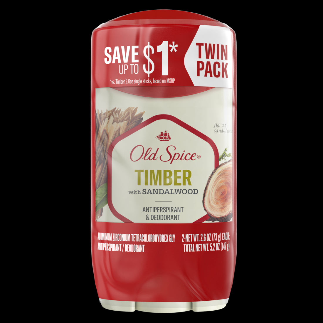 Old Spice Men's Antiperspirant & Deodorant Timber with Sandalwood Twin Pack - 2.6oz/6pk