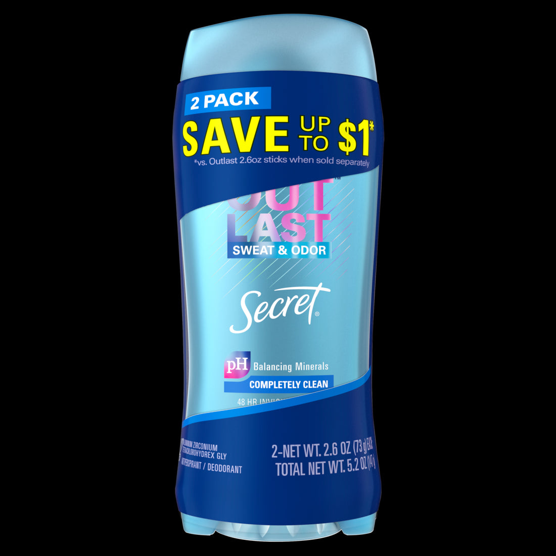 Secret Outlast Invisible Solid Antiperspirant and Deodorant Completely Clean Pack of 2 - 2.6 oz/6pk