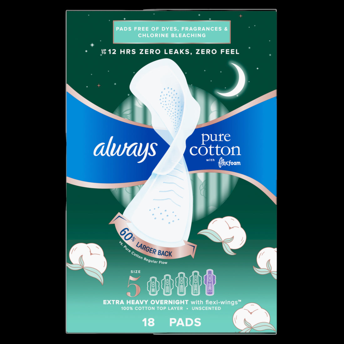 Always Pure Cotton Feminine Pads for Women Size 5 with wings Unscented - 18ct/3pk