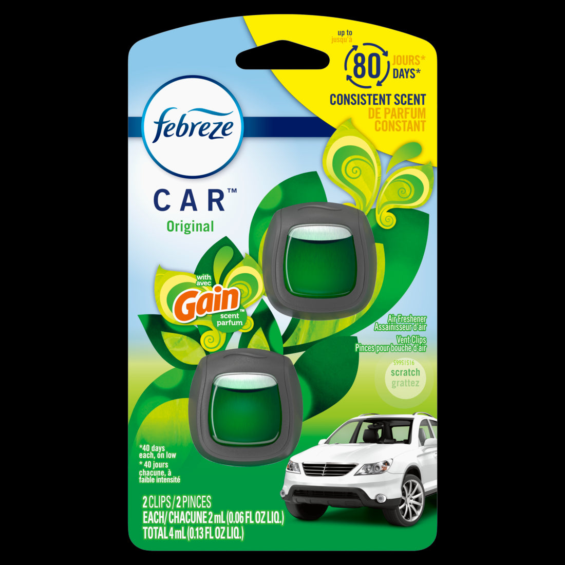 Febreze Car Air Freshener Vent Clip Gain Original Scent, .06oz/2ct/8pk