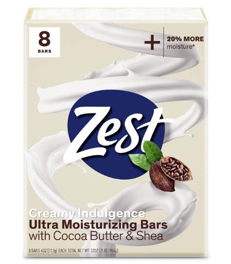 ZEST BATH 8-BAR INDULGENCE COCOA BUTTER & SHEA-4oz/6pk