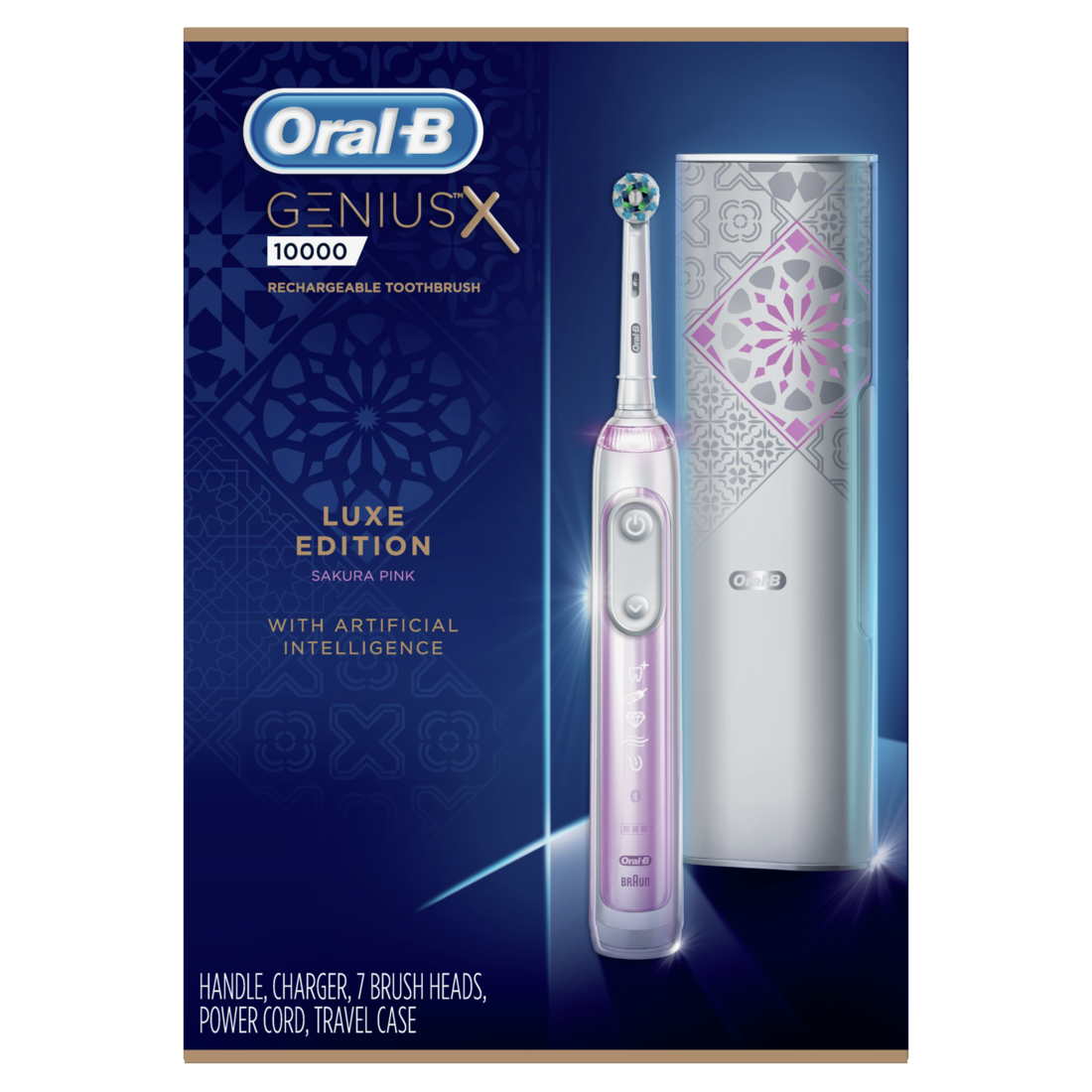 Oral-B GENIUS X LUXE Electric Toothbrush with 7 Oral-B Replacement Brush Heads and Toothbrush Case Sakura Pink, powered by Braun - 1pk