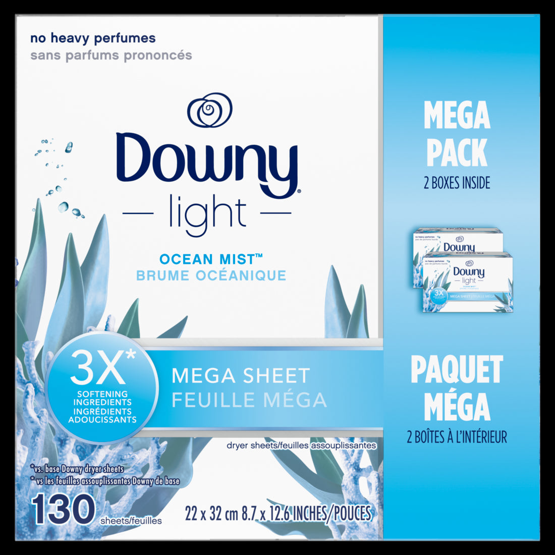 Downy Light Mega Dryer Sheets Fabric Softener Dryer Sheets Ocean Mist-130ct/3pk