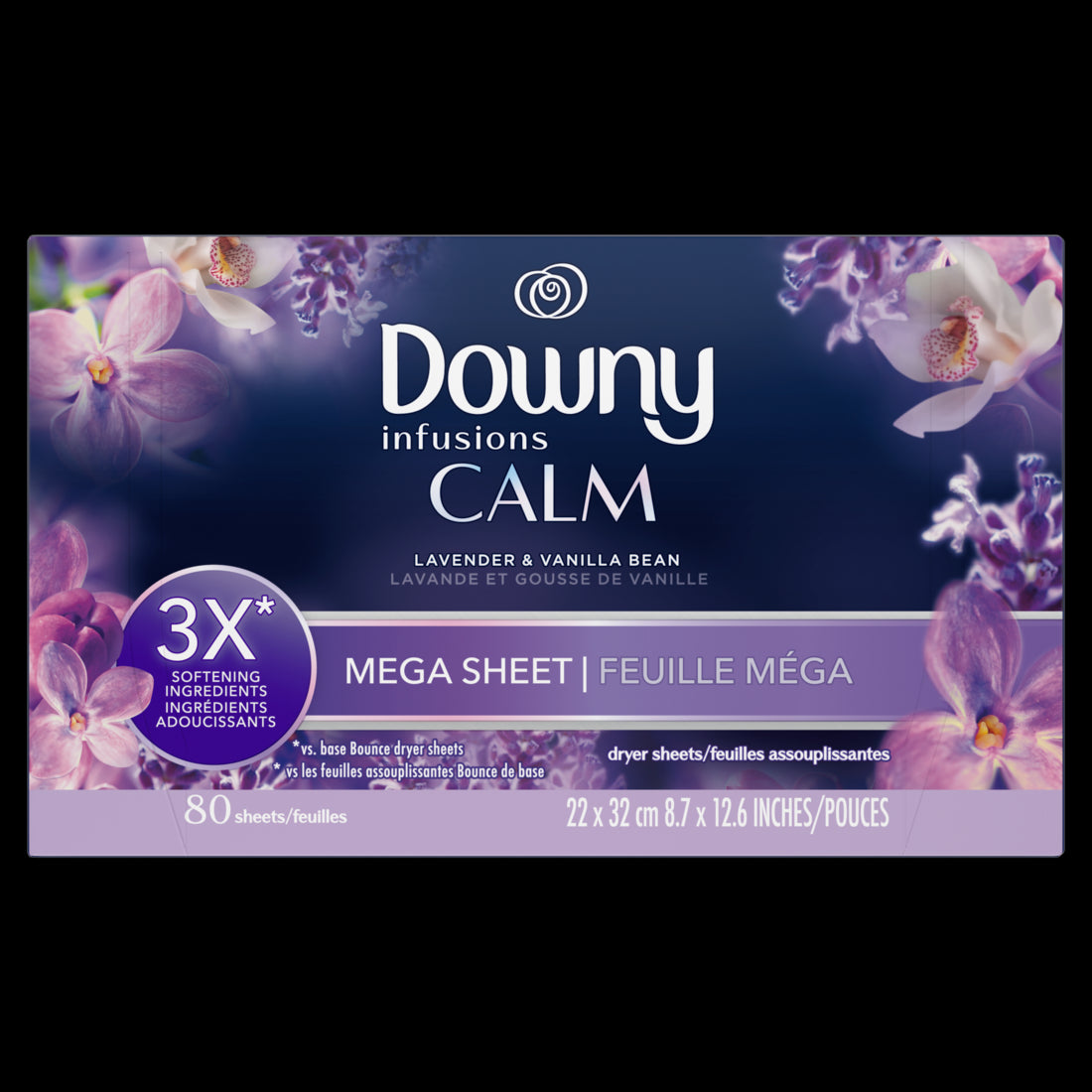 Downy Infusions Mega Dryer Sheets Laundry Fabric Softener CALM Lavender and Vanilla Bean-80ct/4pk