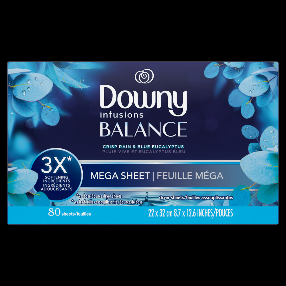 Downy Infusions Mega Dryer Sheets Laundry Fabric Softener BALANCE Crisp Rain and Blue Eucalyptus -80ct/4pk