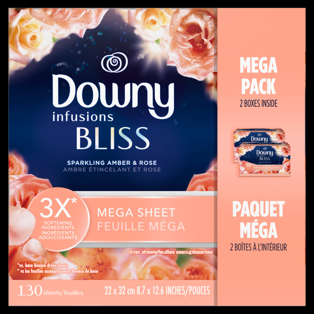 Downy Infusions Mega Dryer Sheets Laundry Fabric Softener BLISS Amber and Rose-130ct/3pk
