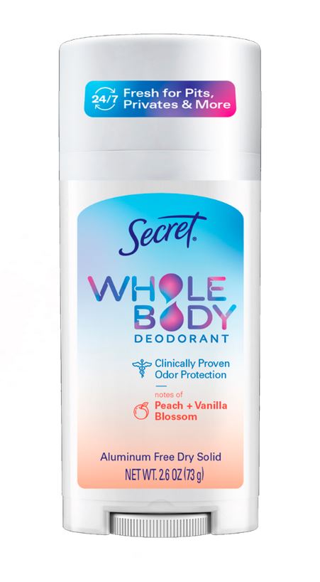Secret Whole Body Stick Aluminum Free Deodorant for Women with notes of Peach & Vanilla - 2.4oz/12pk