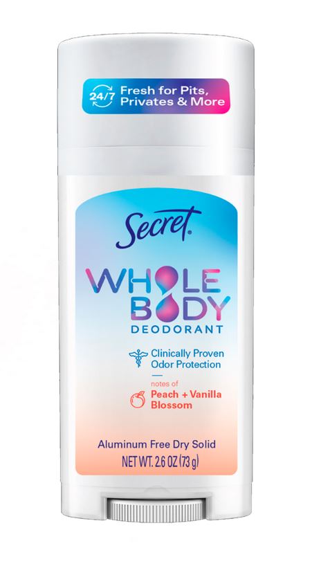Secret Whole Body Stick Aluminum Free Deodorant for Women with notes of Peach & Vanilla - 2.4oz/12pk
