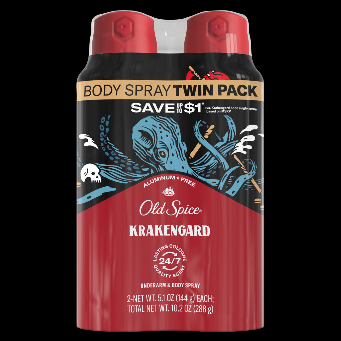 Old Spice Aluminum Free Body Spray for Men, Krakengard Twin Pack - 5.1oz/6pk
