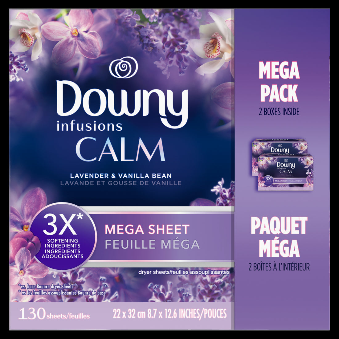 Downy Infusions Mega Dryer Sheets Laundry Fabric Softener CALM Lavender and Vanilla-130ct/3pk