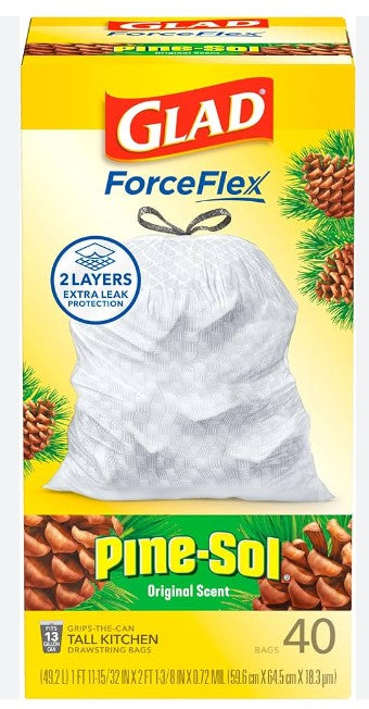 Glad ForceFlex Drawstring Pine Sol Odor Shield 13 Gallon -40ct/6pk
